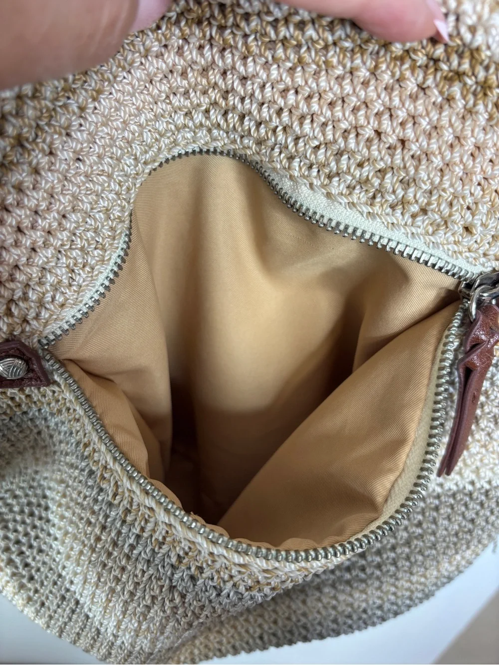 THE SAK Striped Crochet Leather Strap Hobo Purse Shoulder Bag Brown Cream